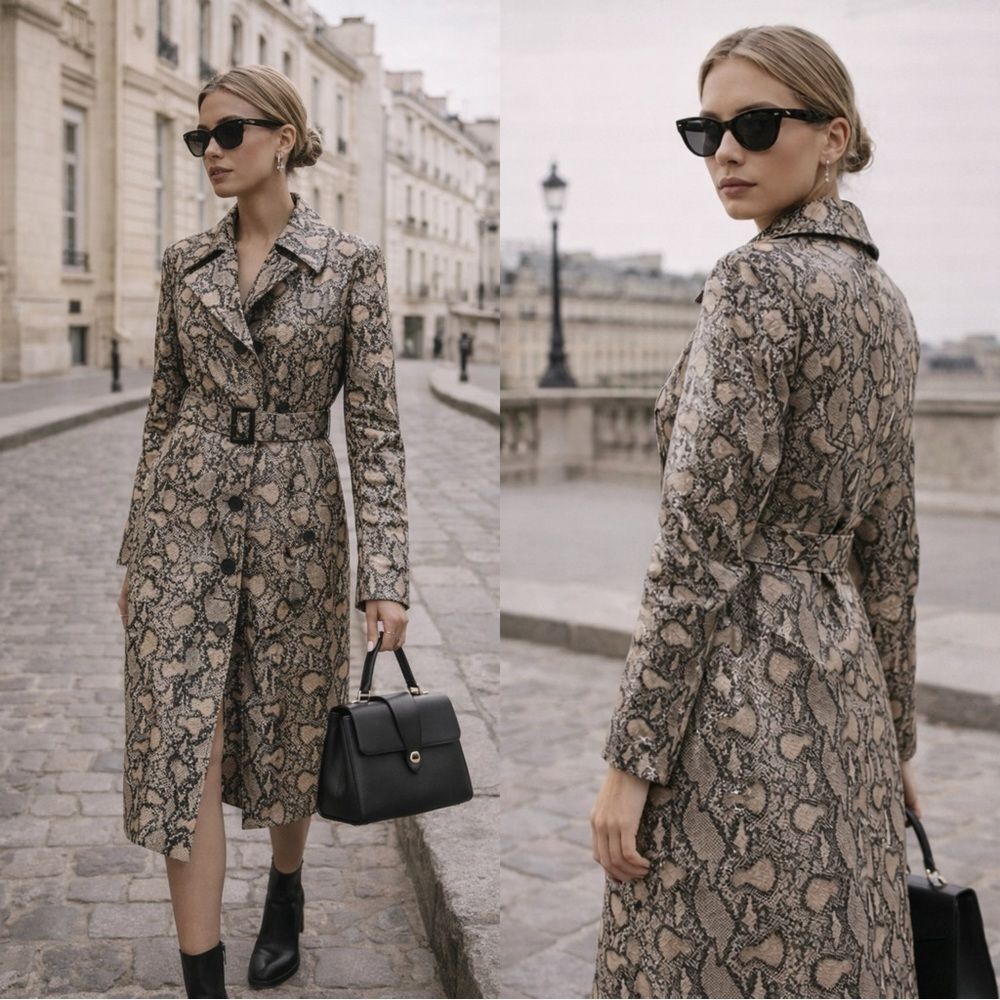 NWT Misguided Faux snake skin python belted trench coat